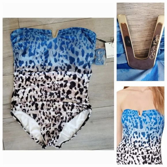 Calvin Klein Women's Bandeau One-Piece blue Leopard gold logo  Swimsuit size 10 - Picture 1 of 9